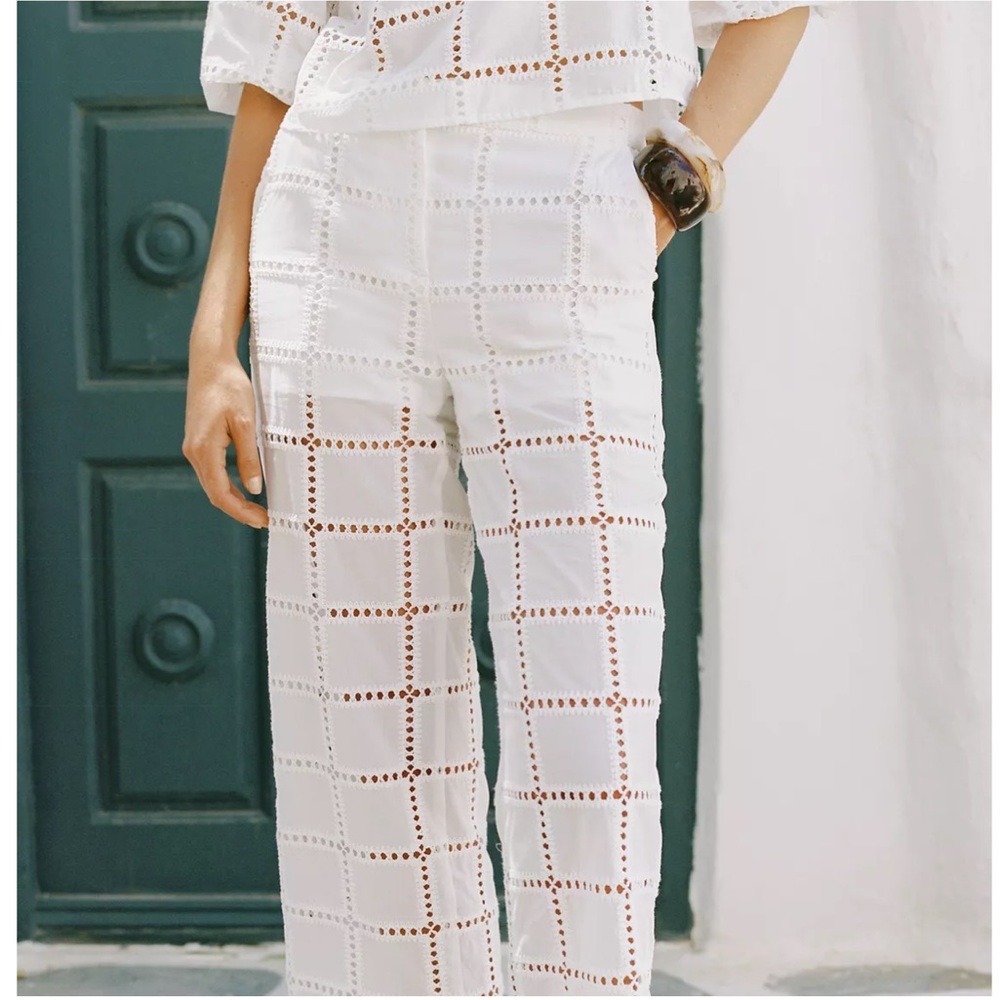 NWT Zara White High Waist Straight Leg Crochet Eyelet Pants In Organic Cotton